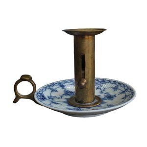 ROYAL COPENHAGEN Brass and Copper Candle Holder Vintage Blue Fluted Lace Pattern